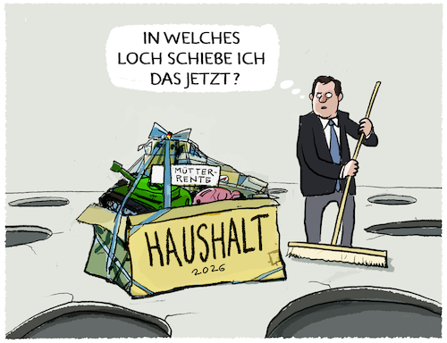 Cartoon: Klingbeils Schuldenhaushalt (medium) by markus-grolik tagged klingbeil,finanzminister,finanzen,schulden,merz,csu,cdu,spd,bundeshaushalt,haushaltsloecher,deutschland,haushaltsloch,muetterrente,klingbeil,finanzminister,finanzen,schulden,merz,csu,cdu,spd,bundeshaushalt,haushaltsloecher,deutschland,haushaltsloch,muetterrente