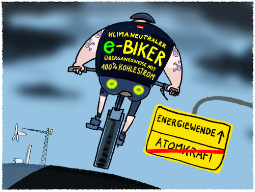 Cartoon: Kohlestrom-Biking (medium) by markus-grolik tagged atomausstieg,kohlestrom,kohlekraft,ampel,habeck,gruene,energiewende,uebergang,ausbau,erneuerbare,energie,deutschland,ebike,akku,elektrifizierung,klimawandel,co2,atomausstieg,kohlestrom,kohlekraft,ampel,habeck,gruene,energiewende,uebergang,ausbau,erneuerbare,energie,deutschland,ebike,akku,elektrifizierung,klimawandel,co2