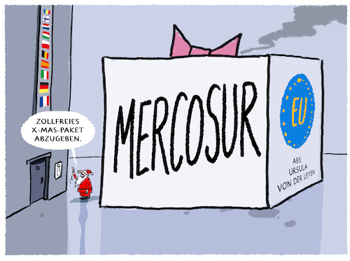 Cartoon: Mercosur-Freihandelsabkommen... (medium) by markus-grolik tagged freihandelszone,freihandelsabkommen,zollfrei,handel,mercosur,eu,europa,ursula,von,der,leyen,präsendentin,brasilien,argentinien,bauern,landwirtschaft,pestizide,preise,klimawandel,abholzung,freihandelszone,freihandelsabkommen,zollfrei,handel,mercosur,eu,europa,ursula,von,der,leyen,präsendentin,brasilien,argentinien,bauern,landwirtschaft,pestizide,preise,klimawandel,abholzung