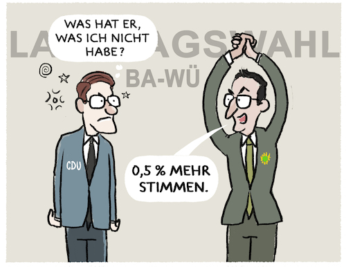 Cartoon: MP Cem... (medium) by markus-grolik tagged cem,oezedemir,manuel,hagel,cdu,gruene,bawü,wahl,baden,wuerttemberg,özdemir,grüne,wahlkampf,ministerpräsident,stuttgart,landtagswahl,cem,oezedemir,manuel,hagel,cdu,gruene,bawü,wahl,baden,wuerttemberg,özdemir,grüne,wahlkampf,ministerpräsident,stuttgart,landtagswahl