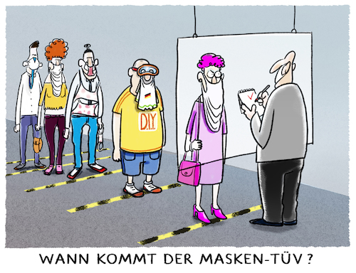 Cartoon: Mund-Nase-Schutz (medium) by markus-grolik tagged corona,diy,do,it,yourself,masken,mundschutz,selbermachen,tuev,kontrolle,pruefung,anstehen,abstand,ansteckung,virus,sicherheit,maske,tüv,experten,corona,diy,do,it,yourself,masken,mundschutz,selbermachen,tuev,kontrolle,pruefung,anstehen,abstand,ansteckung,virus,sicherheit,maske,tüv,experten