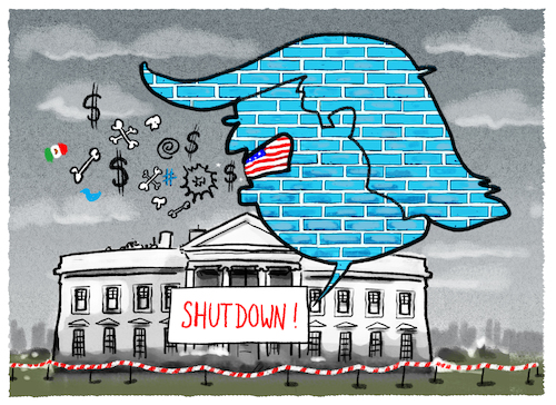 Cartoon: ..Notstand... (medium) by markus-grolik tagged trump,shutdown,mauer,usa,mexiko,wall,donald,trump,shutdown,mauer,usa,mexiko,wall,donald
