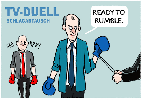 Cartoon: Rumpel-Duell (medium) by markus-grolik tagged merz,scholz,schlagabtausch,tv,duell,kanzlerkandiadten,zdf,ard,fernsehen,deutschland,sonntag,politik,wahlkampf,wahlen,merz,scholz,schlagabtausch,tv,duell,kanzlerkandiadten,zdf,ard,fernsehen,deutschland,sonntag,politik,wahlkampf,wahlen