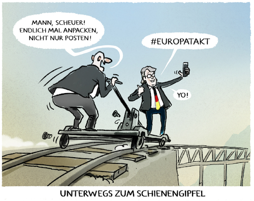 Cartoon: Schienennetzausbau (medium) by markus-grolik tagged schienengipfel,europatakt,posten,verkehrsminister,bahn,schiene,scheuer,csu,cdu,deutschland,verkehrsministerium,ankündigungspolitik,ice,draisine,klima,mobilität,auto,schienennetz,eisenbahn,europa,schienengipfel,europatakt,posten,verkehrsminister,bahn,schiene,scheuer,csu,cdu,deutschland,verkehrsministerium,ankündigungspolitik,ice,draisine,klima,mobilität,auto,schienennetz,eisenbahn,europa