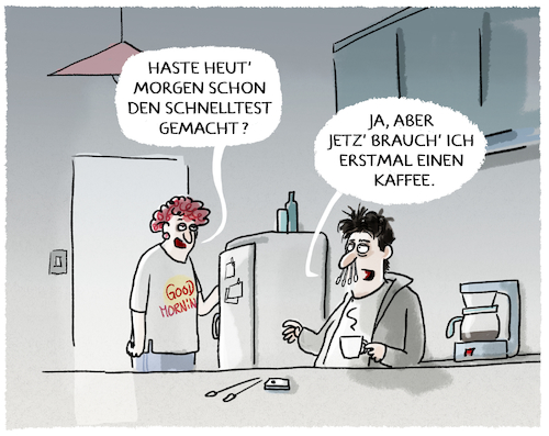 Cartoon: Schnelltest (medium) by markus-grolik tagged morgens,morgenkaffee,erschöpfung,wattestäbchen,anleitung,kaffee,aufmunterung,anstrengung,pandemie,ehepaar,küche,schnelltest,corona,testpflicht,alltag,morgens,morgenkaffee,erschöpfung,wattestäbchen,anleitung,kaffee,aufmunterung,anstrengung,pandemie,ehepaar,küche,schnelltest,corona,testpflicht,alltag