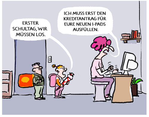 Cartoon: Schulstart.... (medium) by markus-grolik tagged schule,schulbeginn,schueler,unterricht,arm,reich,grundschule,lehrer,tablet,ausstattung,digitalisierung,endgeraete,apple,eltern,alleinerziehende,buergergeld,finanzierung,kredit,schule,schulbeginn,schueler,unterricht,arm,reich,grundschule,lehrer,tablet,ausstattung,digitalisierung,endgeraete,apple,eltern,alleinerziehende,buergergeld,finanzierung,kredit