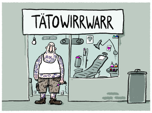 Cartoon: Tattoo me (medium) by markus-grolik tagged tattoo,tätowieren,tätowierer,einhorn,totenkopf,steatement,hautkrankheiten,haut,mode,zeitgeist,trend,tattoo,tätowieren,tätowierer,einhorn,totenkopf,steatement,hautkrankheiten,haut,mode,zeitgeist,trend