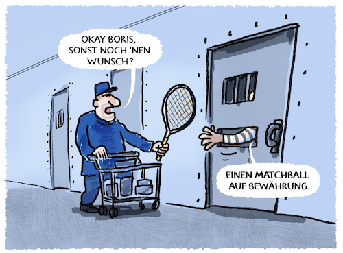 Cartoon: Tennislegende hinter Gittern... (medium) by markus-grolik tagged tennislegende,hinter,gittern,boris,becker,matchball,haft,urteil,gericht,insolvenzverschleppung,strafmass,bewaehrung,haftstrafe,tennislegende,hinter,gittern,boris,becker,matchball,haft,urteil,gericht,insolvenzverschleppung,strafmass,bewaehrung,haftstrafe