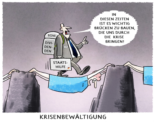 Cartoon: Überbrücken... (medium) by markus-grolik tagged illustration,karikatur,grolik,krise,krisenbewaeltigung,schmarotzer,kosten,ruecksichtlos,ruecksichtlosigkeit,manager,hilfen,finanzen,corona,staatshilfe,pay,gap,boni,dividenden,boerse,aktien,ceo,illustration,karikatur,grolik,krise,krisenbewaeltigung,schmarotzer,kosten,ruecksichtlos,ruecksichtlosigkeit,manager,hilfen,finanzen,corona,staatshilfe,pay,gap,boni,dividenden,boerse,aktien,ceo