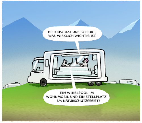 Cartoon: Urlaubsgefühle (medium) by markus-grolik tagged caravan,wohnmobil,tourismus,pandemie,ferien,urlaub,reich,arm,deutschland,alpen,luxus,whirlpool,caravan,wohnmobil,tourismus,pandemie,ferien,urlaub,reich,arm,deutschland,alpen,luxus,whirlpool