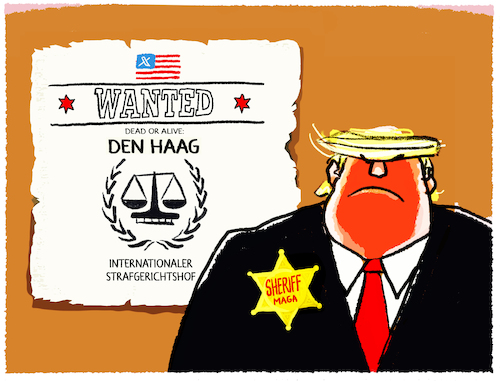 Cartoon: Wild wild west... (medium) by markus-grolik tagged trump,den,haag,internationaler,strafgerichtshof,sanktionen,un,uno,institutionen,kriegsverbrechen,usasheriff,steckbrief,wild,trump,den,haag,internationaler,strafgerichtshof,sanktionen,un,uno,institutionen,kriegsverbrechen,usasheriff,steckbrief