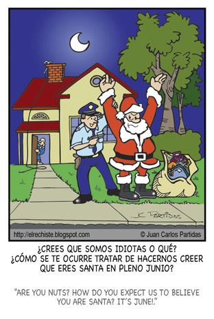 Cartoon: Santa in June (medium) by Juan Carlos Partidas tagged santa,thief,claus,san,nicolas,ladron,chimenea,junio,june,police,botin