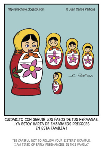 Cartoon: Warning (medium) by Juan Carlos Partidas tagged matryoshka,daughters,daughter,pregnant,pregnancy,warning,shame,upset,mother,kids,example