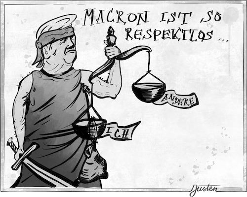 Cartoon: Mit zweierlei Maß gemessen. BW (medium) by Justen tagged trump,macron,nato,justitia,gerechtigkeit,politik,außenpolitik,trump,macron,nato,justitia,gerechtigkeit,politik,außenpolitik