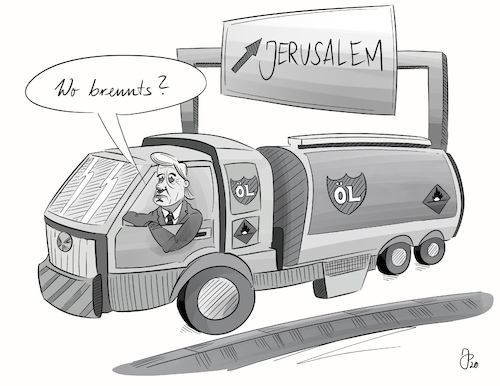 Cartoon: Wo brennts? (medium) by Justen tagged trump,israel,palästina,jerusalem,nahost,trump,israel,palästina,jerusalem,nahost
