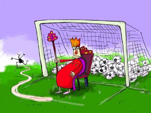 Cartoon: stupid dictator as goalkeeper (medium) by Mohsen Zarifian tagged footbal,goal,king,goalkeeper,democracy,dictator