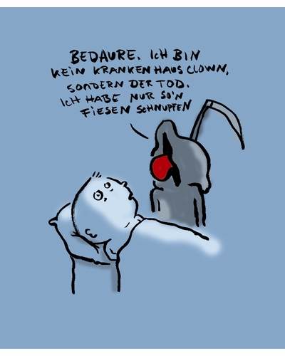 Cartoon: Der Tod kommt nicht zum Spass (medium) by Ludwig tagged clown,hospital,death,dead,krankenhaus,sterben,schnupfen,rot,nase,tod,sensenmann