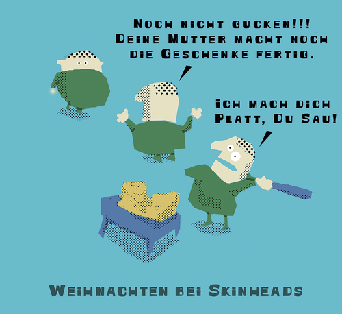 Cartoon: Weihnachten bei Skinheads (medium) by Ludwig tagged skinheads,christmas,weihnachten,nazi,gewalt,geschenke,verpacken,prügel