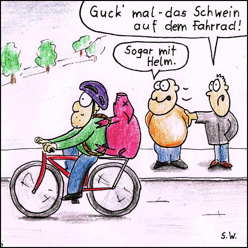 Cartoon: Fahrradschwein (medium) by Storch tagged schwein,fahrrad,helm,fahrradhelm,schlachtfest,dorf