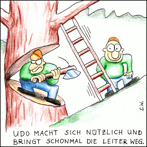 Cartoon: Holzfäller Udo (medium) by Storch tagged holzfäller,leiter,udo,axt,baum,zeit,effizienz