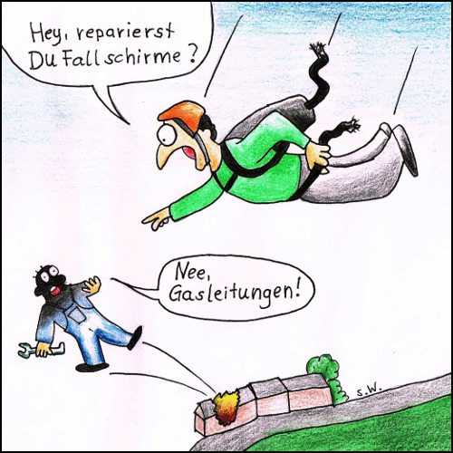 Cartoon: Reparierst Du Fallschirme? (medium) by Storch tagged fallschirm,fallschirmspringer,gas,gasexplosion,gasgeruch,handwerker,monteur