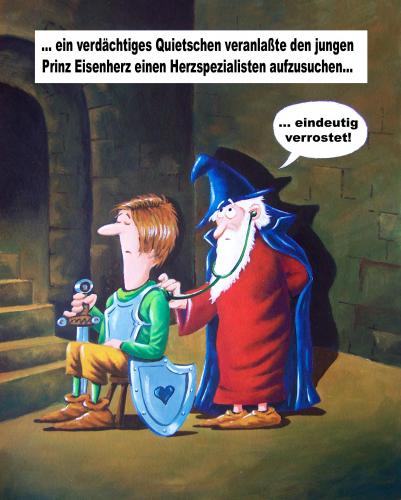 Cartoon: eisenherz (medium) by schuppi tagged eisenherz,schmerz,herz,ritter,untersuchung,abhören,gesundheit,prinz,eisenherz,herzspezialist,herz,comic,serie,spezialist,arzt,doktor,patient,untersuchung,burg,schloß,schmerz,ritter,rüstung,abhören,abhörgerät,gesundheit,verrostet,eisen,märchen,ergebnis,quietschen,eingerostet,helden,abenteuer,zauberer,tafelrunde,merlin,erzählung,geschichte