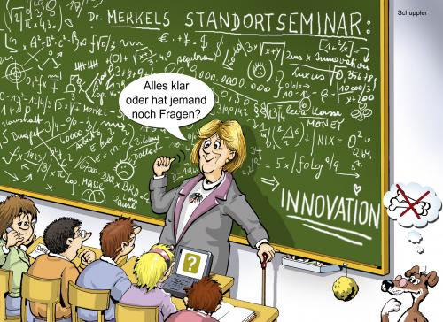 Cartoon: schule (medium) by schuppi tagged merkel,schule,innovation,schulklasse,schultafel,fragen,angela,merkel,schule,bildung,innovation,schulklasse,schultafel,fragen,tafel,kreide,lehrerin,klasse,schüler,politik,politikerin,seminar,dozent,dozieren,mathematik,formeln,chaos,verständnis,rechnung,angela merkel