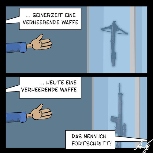 Cartoon: Fortschritt (medium) by Anjo tagged krieg,töten,fortschritt,geschichte,bundeswehr,waffen,militär,dresden,liebeskind,maiziere,de,eröffnung,militärhistorisch,museum,museum,militärhistorisch,eröffnung,liebeskind,dresden,militär,waffen,bundeswehr,geschichte,töten