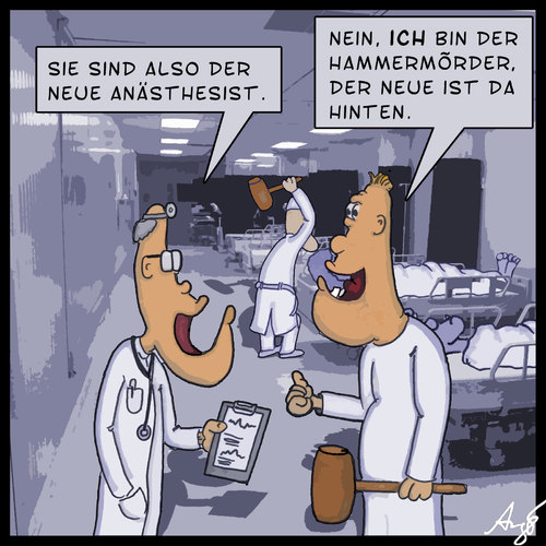 Cartoon: Hammer (medium) by Anjo tagged narkose,krankenhaus,anästhesist,hammermörder,tod,tot,mörder,hammer,hammer,mörder,tot,tod,hammermörder,anästhesist,krankenhaus,narkose