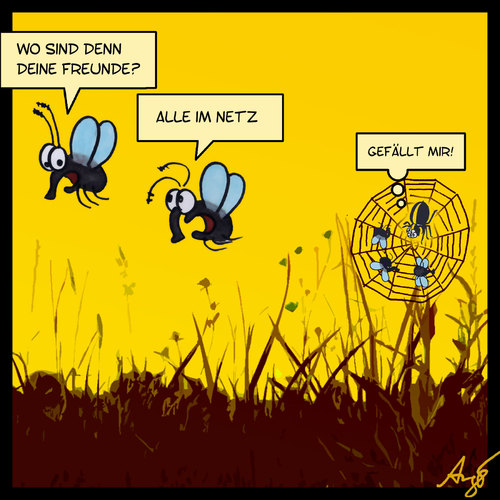 Cartoon: im Netz (medium) by Anjo tagged netz,facebook,spinne,fliege,internet,freunde,gefällt,mir,netz,facebook,spinne,fliege,internet,freunde,kommunikation