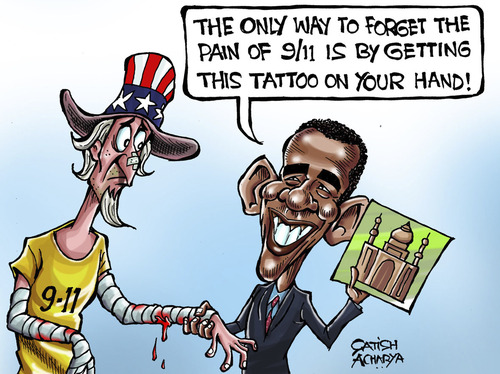 Cartoon: Living with 9-11 wound (medium) by Satish Acharya tagged obama,ground,zero,america,mosque
