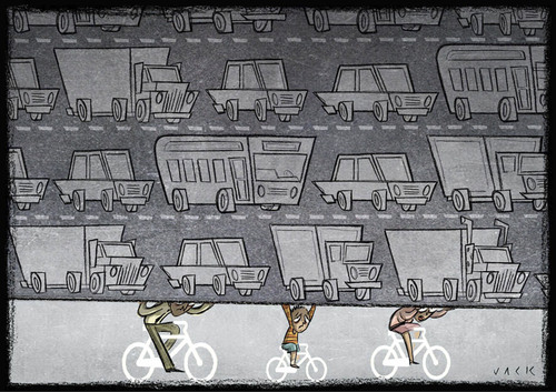 Cartoon: Bicycle path (medium) by Giacomo tagged bicycle,path,traffic,machine,car,truck,smog,pollution,road,weight,giacomo,cardelli