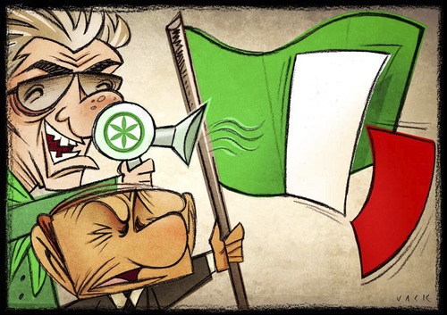 Cartoon: brothers Italy (medium) by Giacomo tagged biancvo,green,nord,lega,flag,bossi,berlusconi,italy,brothers,cardelli,giascomo,political,phon,red