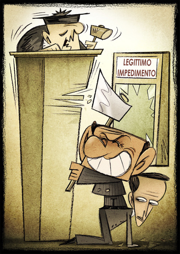 Cartoon: legittimo impedimento (medium) by Giacomo tagged berlusconi,fini,law,constitution,magistrate,illegality,policy,personal,giacomo,cardelli,jack