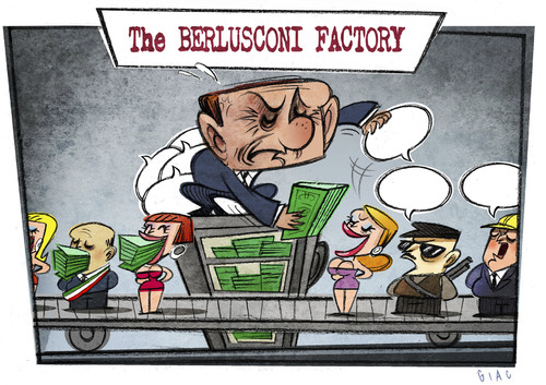 Cartoon: The BERLUSCONI FACTORY (medium) by Giacomo tagged berlusconi,corruption,conspiracy,of,silence,mafia,escort,political,buy,factory,money,policy,giacomo,cardelli