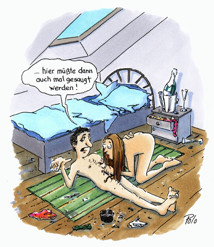 Cartoon: Dirty talk (medium) by POLO tagged bett,schlafzimmer,mann,frau,saugen,blasen,sex,schlafzimmer,mann,frau,saugen,blasen,oral,oralverkehr,putzen,staubsauger