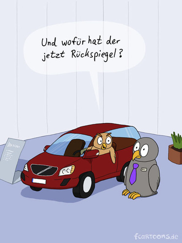 Cartoon: Autokauf (medium) by Frank Zimmermann tagged autokauf,eule,auto,car,owl,rückspiegel,schlips,stunned,reifen,topfpflanze,schild,aushang,fcartoons