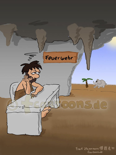 Cartoon: Feuerwehr (medium) by Frank Zimmermann tagged feuerwehr,steinzeit,höhle,schreibtisch,büro,elefant,palme,baum,mensch,lustig,fcartoons