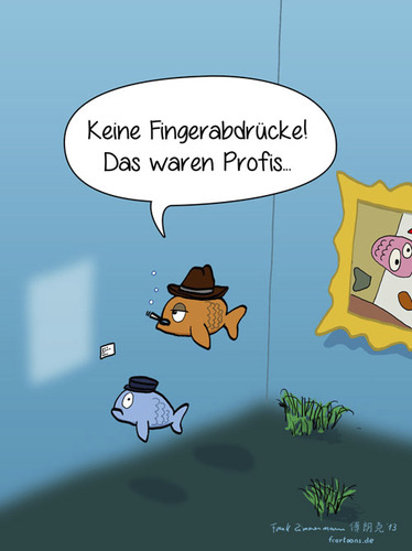 Cartoon: Fingerabdrücke (medium) by Frank Zimmermann tagged fingerabdrücke,polizei,kunst,museum,polizist,detektiv,hut,fisch,meer,wasser