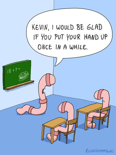 Cartoon: IN THE SCHOOL (medium) by Frank Zimmermann tagged school,chair,board,table,worm,worms,kevin,put,up,arm,chalk,math,cartoon