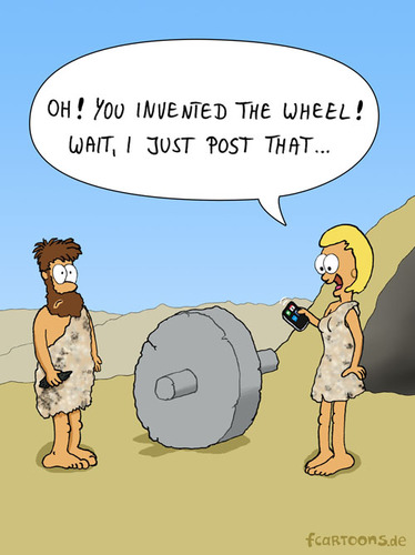 Cartoon: POST (medium) by Frank Zimmermann tagged dress,wheel,stunned,wife,woman,man,cavemen,cartoon,cave,fur,age,stone,phone,iphone,post,mann,frau,steinzeit,rad,pelz,keil,faustkeil,höhle