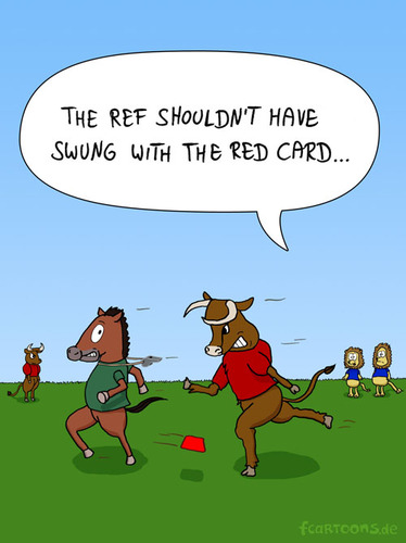 Cartoon: RED CARD (medium) by Frank Zimmermann tagged red,card,soccer,football,fußball,schiri,schiedsrichter,pferd,stier,rot,cartoon,comic,bull,horse,lion,lions,ref,referee,grass,green