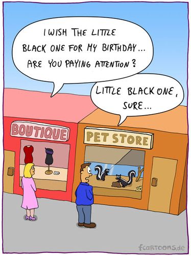 Cartoon: THE LITTLE BLACK ONE (medium) by Frank Zimmermann tagged windows,buy,listen,pet,store,woman,man,shop,skunk,cartoon,one,black,little,boutique,dress,pink,misunderstanding,birthday,geburtstag,tier,kleid