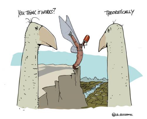 Cartoon: THEORIE (medium) by ali tagged theorie,freier fall,fliegen,tiere,vögel,vogel,fähigkeiten,bildung,wissen,theorie,praxis,lernen,lernverhalten,gefahr,risiko,tödlich,sturz,abgrund,mensch,freier,fall