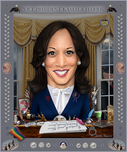 Cartoon: Kamala Harris (medium) by Maria Hamrin tagged caricature,karikatyr,cartoon,usa,america,politican,vicepresident,democrat,harris,biden,trump,emhoff