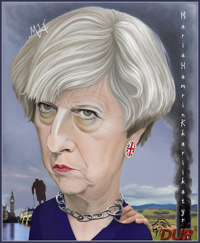 Cartoon: Theresa May. (medium) by Maria Hamrin tagged caricature,british,leader,chief,politican,conservative,party,uk,david,cameron,margret,thatcher,10,downing,street,eu,brexit,dup