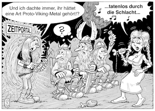 Cartoon: Viking Metal (medium) by Oliver Gerke tagged proto,metal,vikingmetal,wikinger,schlager,helene,fischer,zeitreisen,heavy
