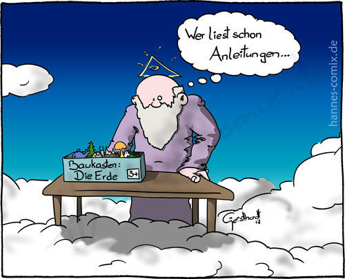 Cartoon: Baukasten (medium) by Hannes tagged baukasten,basteln,erde,gott,evolution,kreationismus,mensch,anleitung,himmel