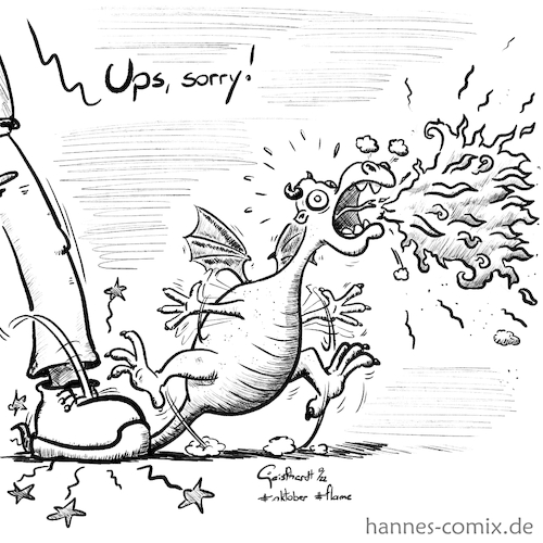 Cartoon: Flame (medium) by Hannes tagged dragon,drache,flamme,flame,unfall,versehen,schmerzen,haustier,pain,pet