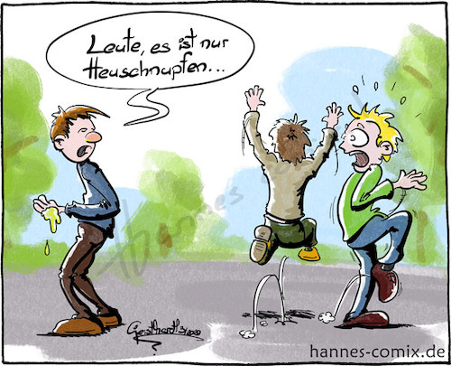 Cartoon: Heuschnupfen (medium) by Hannes tagged corona,covid19,heuschnupfen,allergie,panik,flachhirn,hayfever,pollenosis